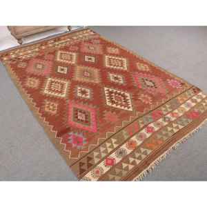 Tapis turc vintage, grand tapis de 5,4 x 8,9 pieds, tapis en laine à imprimé animal brun-rouge - Product Image 1