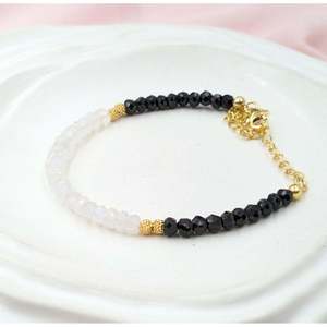 Gold Plated Beaded Bracelet with Black Spinel Rainbow Moonstone Onyx Zircon & Pearl <b>Charm</b> <b>Bangles</b> for Gifts - Product Image 1