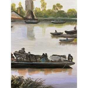 Dipinti a Olio 100% Fatti a Mano 36x24 Pollici, Paesaggio Classico con Barca sul Fiume e Villaggio, Arte su Tela - Product Image 1