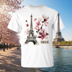 T-shirt promozionale con la Torre Eiffel di Parigi e i fiori di ciliegio - Product Image 3