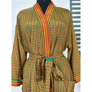 Recycled Vintage Silk Sari <b>Robe</b> Green and Yellow Boho House Kimono Dressing Gown <b>Beach</b> Coverup and Bridesmaid Anniversary Gift - Product Image 2