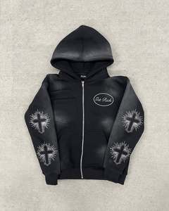 Conjunto Deportivo Unisex con Bordado Desgastado y Pedrería, Ropa Urbana Personalizada, Pantalones Deportivos Holgados con Lavado Ácido y Sudadera con Capucha - Product Image 6