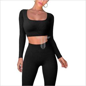 Ensemble de sport 2 pièces pour femme : Haut d'entraînement côtelé sans manches respirant et antibactérien, et Legging taille haute en V pour le yoga - Product Image 1