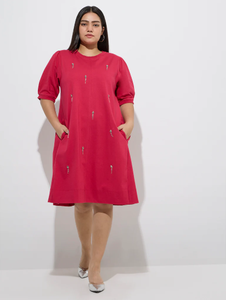 Vestido recto de algodón adornado con diamantes fucsia Gia - Product Image 2