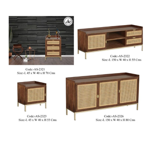 Aparador moderno de 2 puertas y 3 cajones en madera maciza de mango con caña de ratán y base de hierro, acabado marrón y dorado para almacenamiento de comedor y hotel - Product Image 2