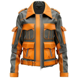 Veste en cuir de mouton véritable gris orange à la mode - Product Image 1