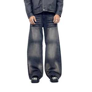 Jeans streetwear personnalisés brodés en gros pour hommes, coupe droite, ample, baggy, jambe large, délavé à la pierre, vintage, grande taille - Product Image 5