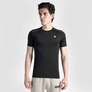 T-shirt décontracté streetwear moderne 100 % polyester noir, coupe ample, tissu tricoté respirant et lourd - Product Image 1