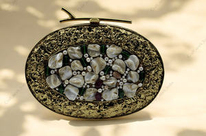 Handcrafted Oval Gold Metal <b>Clutch</b> With <b>Pearl</b> Shell Bead Inlay Luxury Bridal Party Evening Statement Handbag Accessory Design - Product Image 2
