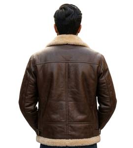 Brown Genuine Leather Plain Windproof Logo Men's Zip-Up Bomber <b>Jacket</b> <b>with</b> Polyester <b>Lining</b> Winter Casual Outerwear - Product Image 2