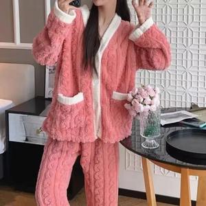Women's <b>Thermal</b> Fleece <b>Pajamas</b> Set Winter Sleepwear O-Neck Loose Long Sleeve Top Elastic Waist Leg Pant Plus Size Matching Set - Product Image 5