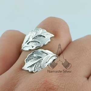 Dual Leaf Sterling <b>Silver</b> <b>Statement</b> <b>Ring</b> Handmade Size Adjustable Design Plant Lover Gift for Her Birthday Anniversary Christmas - Product Image 4