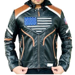 Blouson en cuir pour homme 2024, style motard, drapeau américain, coupe-vent, chauffant, hiver, style urbain, qualité supérieure, vintage, faible MOQ, authentique - Product Image 4