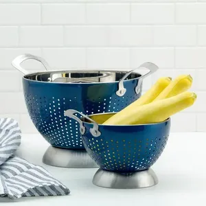 Passoire en acier inoxydable à revêtement bleu avec poignées et base pour laver les légumes, les pâtes, le riz et les nouilles | Vente en gros - Product Image 1