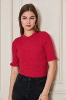 Blusa de punto acanalado de manga corta con volantes para mujer, cómoda y elegante, transpirable, de alta calidad