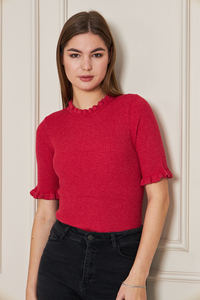 เสื้อถักแขนสั้นมีระบายสำหรับผู้หญิงเสื้อยืดเสื้อถักระบายมีสไตล์ระบายอากาศได้สวมใส่สบาย - Product Image 3