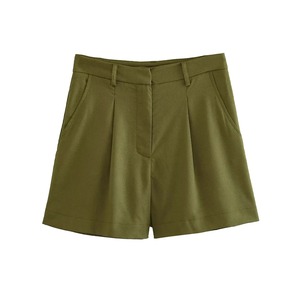 กางเกงขาสั้นผ้าลินินเอวสูงแนววินเทจของผู้หญิงมีจีบด้านหน้ามีซิปรูดรูดปิดกางเกงแฟชั่นมีกระเป๋า - Product Image 2