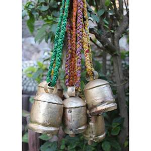 Shabby Chic Rustic Vintage Antique Tin Cow Bells Set of 6 Decorative Hanging Bells with Braided Sari Fabric Handle <b>Music</b> <b>Boxes</b> - Product Image 4