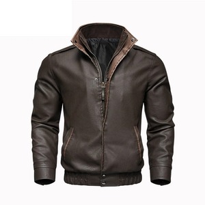 Chaqueta de moto de cuero de piel de oveja negra con cuello levantado para hombre de otoño, abrigo de motorista cálido de invierno con cremallera de Color sólido, estilo informal - Product Image 6
