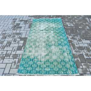 พรมตุรกีขนาด 3.37x6.1 ฟุต ลายตารางสีน้ำเงิน พรมขนสัตว์วินเทจ - Product Image 1