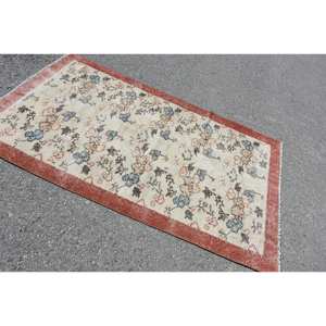 Alfombra de lana Beige tradicional hecha a mano 3,8X6,4 pies diseño rectangular de retazos turcos para sala de estar alfombra de noche con respaldo de látex - Product Image 2