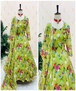 Anarkali Diseñador Organza Seda Impresión digital Vestido DE TRABAJO Parte inferior con Dupatta Ropa de fiesta Precio al por mayor Ropa étnica Alphanumero - Product Image 3