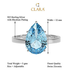 แหวนเงินแท้ 925 รุ่น CLARA สำหรับผู้หญิง รูปทรงหยดน้ำ ปรับขนาดได้ ชุบโรเดียม ประดับเพชรทรงลูกแพร์ สีฟ้าสดใส ด้วยเพชรเซอร์โคเนียสวิส - Product Image 5