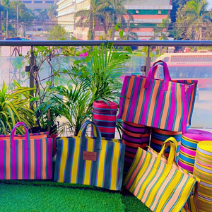 Bolsas de compras reutilizables ecológicas de PP tejidas recicladas de nailon a rayas Color personalizado Tamaño Extra grande Hecho sostenible India - Product Image 1