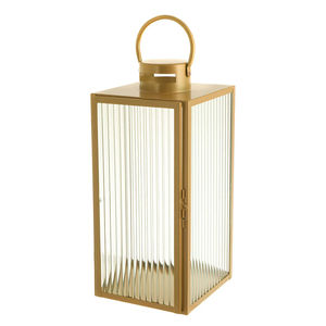 Lanterne en métal doré avec panneaux de verre nervuré et porte bougeoir rectangulaire pour décoration intérieure moderne mariages et éclairage - Product Image 3