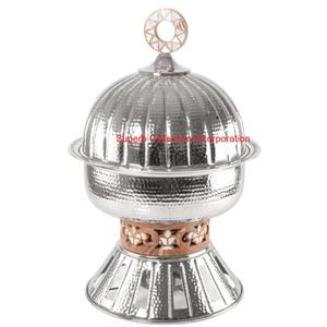 Chauffe-plat rond en acier inoxydable avec base décorative en bois et couvercle Chauffe-plat nickelé de qualité supérieure pour buffet et restauration - Product Image 1