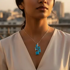 สร้อยคอจี้เงินสีเทอร์ควอยซ์สำหรับผู้หญิง ดีไซน์เรขาคณิต สร้อยคอลูกปัดแฟชั่น - Product Image 3