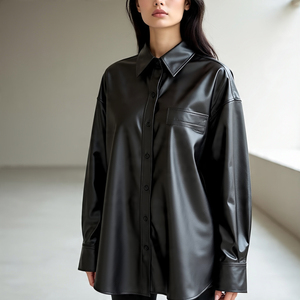 Letterman Vintage Faux <b>Leather</b> Casual <b>Shirts</b> for Women Oversize Loose Fit Button Fashion Motor Bike Outerwear Winter Style Front - Product Image 6