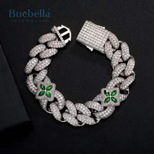 14K <b>White</b> <b>Gold</b> 20mm Emerald Four Leaf Clover Cuban <b>Bracelet</b> 925 Sterling Silver VVS Moissanite Diamond Hip Hop Style for Men - Product Image 2