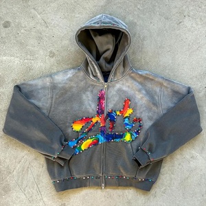 2025 Best Streetwear Gemstones Rhinestone Hoodies Acid Wash Vintage Sun Faded Dtg Print Heavyweight Hoodie Set para hombres - Product Image 1