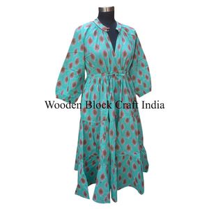 Robe midi ample à col en V 100% coton, imprimé floral à la main, manches 3/4, fermeture à boutons, respirante, quotidienne, naturelle - Product Image 5