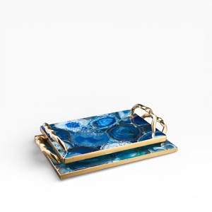 Juego de Bandejas Rectangulares de Ágata Natural Azul con Superficie de Cristal Pulido y Asas Esculpidas en Oro - Product Image 1