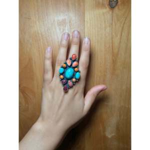 Anillo Ajustable de Plata de Ley Hecho a Mano por Navajo con Incrustaciones de Turquesa y Piedras Múltiples, Estilo Casual, Talla Única, 18K, Regalo Perfecto - Product Image 4