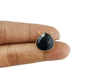 Batu Permata Onyx Hitam Liontin Bentuk Hati 16Mm Potongan Bersegi 2 Loop Batu Permata Emas Vermeil Bezel Liontin, Membuat Kalung Pesona