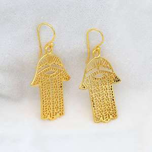 Boucles d'oreilles pendantes en laiton plaqué or 18 carats, motif œil protecteur Hamza, bijoux tribaux religieux en gros pour femmes - Product Image 5