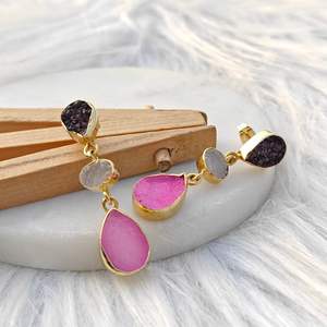 Pendientes Elegantes al por Mayor con Triple Piedra de Ágata Azucarada, Chapados en Oro de 18K, con Piedra Ovalada en Forma de Pera, Joyería Larga y Moderna para Mujer - Product Image 4