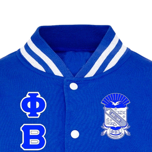 Veste universitaire bleue et blanche avec lettres grecques brodées 1914 G.O.W.A.R. Pull-over pour homme style preppy avec logo sur le devant - Product Image 6