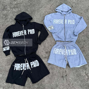 ชุดกางเกงขาสั้นมีฮู้ดแบบซิป100% ผ้าฝ้ายปักลายสไตล์ฮิปฮอปดีไซน์ใหม่สำหรับฤดูหนาว - Product Image 6