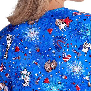 Women's Blue Patriotic Print 100% Cotton <b>Scrub</b> <b>Top</b> with Stars Fireworks and Animals V-Neck Short Sleeve Hospital Uniform - Product Image 5