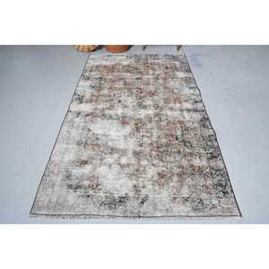 Vintage Rug, Area 4.5x7.5 ft Turkish Rug, <b>Brown</b> Blue Abstract <b>Wool</b> Rug - Product Image 3