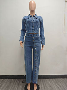 Conjunto de Chaqueta Vaquera de Manga Larga con Botones y Pantalones Vaqueros de Pierna Ancha de Cintura Alta para Mujer, Diseño Sólido, Relleno de Algodón, Atuendos Casuales - Product Image 4