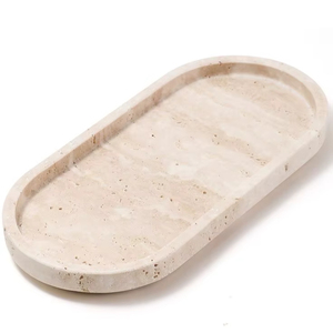 ถาดทรงรีลายหินอ่อนสีเบจน้ำหนักเบาแกะสลักธรรมชาติขนาด10x4.7นิ้วถาดสำหรับตกแต่งโต๊ะเครื่องแป้งที่เก็บน้ำหอมเครื่องประดับ - Product Image 1