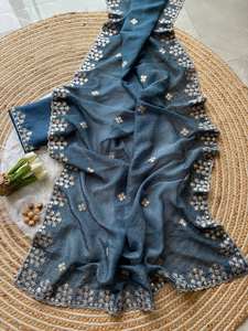 Saree en soie de travail de séquence de broderie pure et douce avec des vêtements de fête de mariage traditionnels indiens et pakistanais pour les femmes - Product Image 2