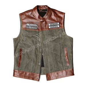 Chaleco de Motociclismo de Diseño Personalizado, Estilo Nuevo, 100% Cuero Vacuno y Tela de Lona, con Parches de SONS OF ANARCHY - Product Image 1