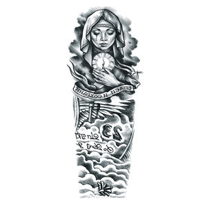 Tatouage temporaire à manches complètes imperméable de couleur noire représentant la Vierge Marie pleureuse pour hommes - Product Image 5