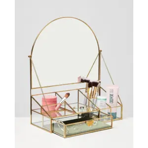 อุปกรณ์จัดระเบียบเครื่องประดับแก้วทองเหลืองตกแต่งบ้านทรงสี่เหลี่ยมผืนผ้าสุดหรูพร้อมกระจกแต่งหน้าทรงโค้งสำหรับผู้หญิงที่เก็บเครื่องประดับ - Product Image 1